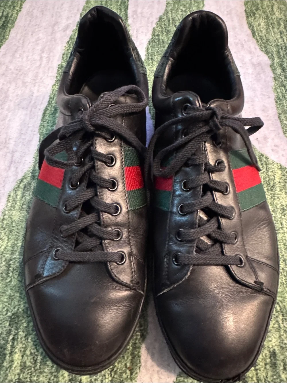 Gucci Black Leather Sneakers with Green and Red Web Stripe